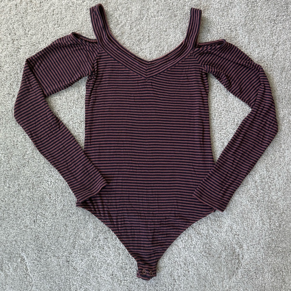 Express Long Sleeve Purple and Navy Blue One-Piece Bodysuit with Open Shoulders